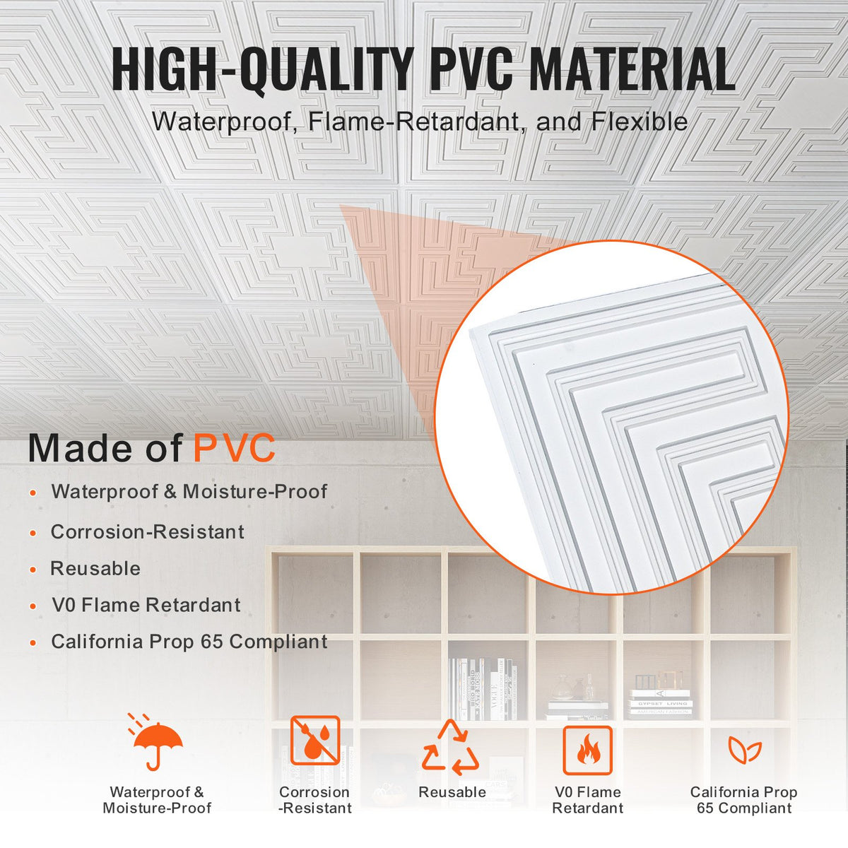 Takplattor, 12-pack 24 x 24 tum, nedfällbara takplattor av premium PVC-skiva, enkel installation/skärning av limbara plasttakplattor, takbeklädnad för hem-/kontorsdekoration, vitt ekomönster