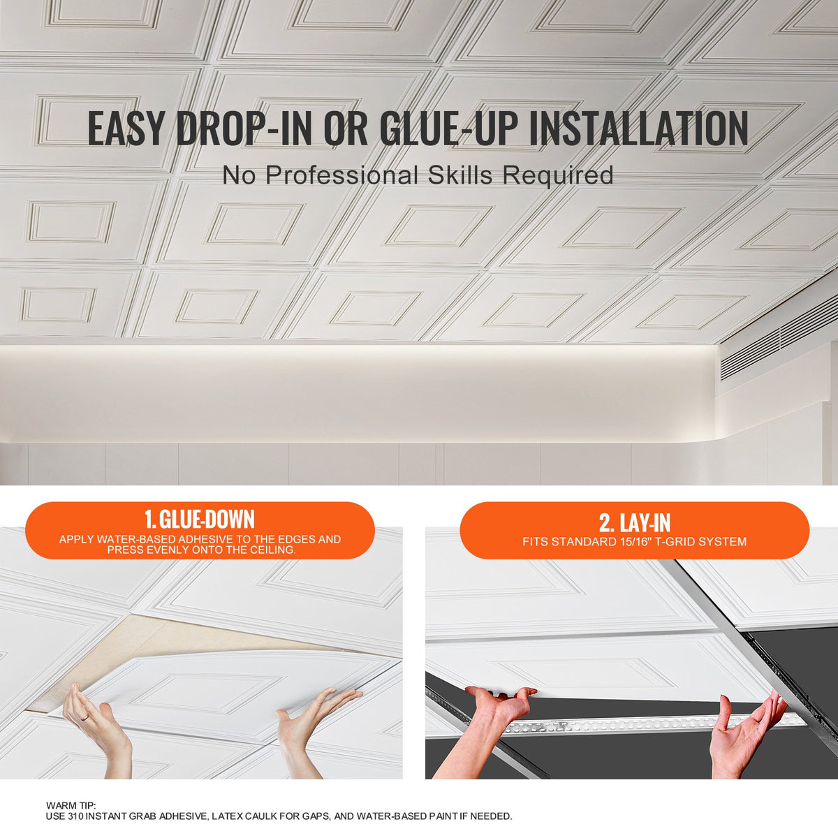Takplattor, 12-pack 24 x 24 tum, nedsänkta takplattor av premium PVC-skiva, enkel installation/skärning av plastlimmade takplattor, takbeklädnad för hem-/kontorsdekoration, vit geometrisk