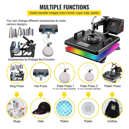 Värmepress 8 i 1 värmepressmaskin 38x38cm värmeöverföringspress 15x15tums T-shirtpress Multifunktionell sublimeringsmaskin för T-shirt mugg hatt plattöverföring