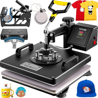 VEVR Heat Press Machine, 15 x 15 Inch, 5 in 1 Combo Swing Away T-Shirt Sublimation Transfer Printer with Teflon Coated, Mug/Hat/Plate Accessories Included, ETL/FCC Certificated, Black