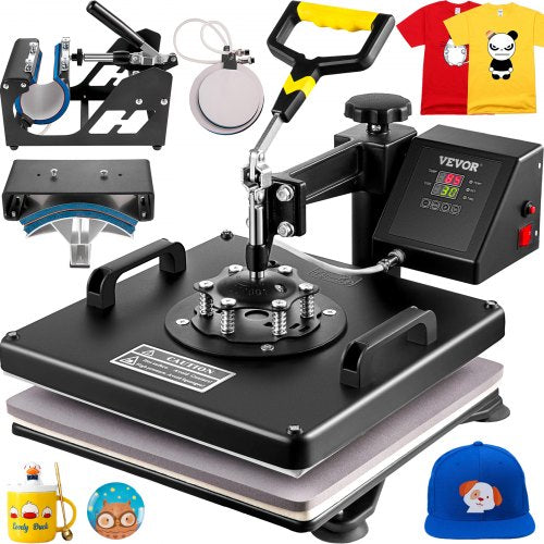 VEVR värmepress, 15 x 15 tum, 5-i-1 kombinerad svängbar T-shirt sublimeringstransferskrivare med teflonbeläggning, tillbehör till mugg/hatt/tallrik ingår, ETL/FCC-certifierad, svart