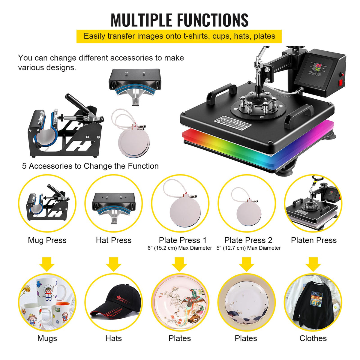 VEVR Heat Press Machine, 15 x 15 Inch, 5 in 1 Combo Swing Away T-Shirt Sublimation Transfer Printer with Teflon Coated, Mug/Hat/Plate Accessories Included, ETL/FCC Certificated, Black