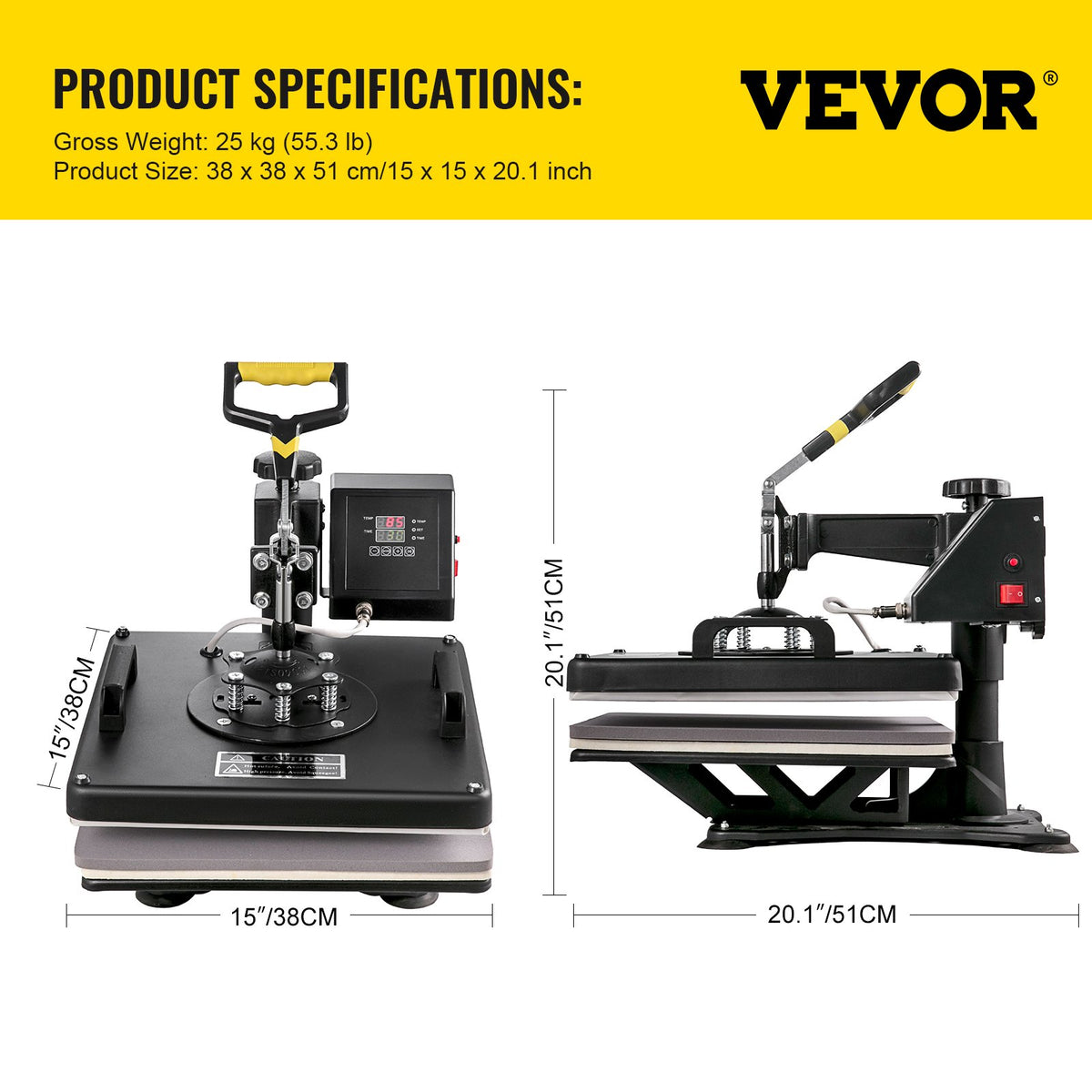 VEVR Heat Press Machine, 15 x 15 Inch, 5 in 1 Combo Swing Away T-Shirt Sublimation Transfer Printer with Teflon Coated, Mug/Hat/Plate Accessories Included, ETL/FCC Certificated, Black