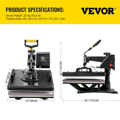 VEVR Heat Press Machine, 15 x 15 Inch, 5 in 1 Combo Swing Away T-Shirt Sublimation Transfer Printer with Teflon Coated, Mug/Hat/Plate Accessories Included, ETL/FCC Certificated, Black