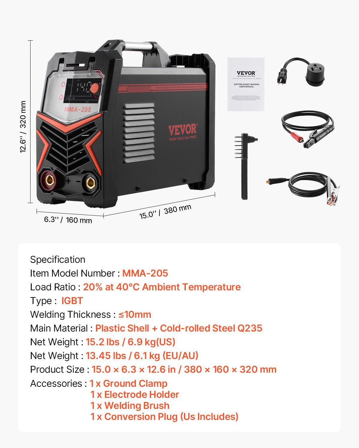 MMA-svets, 205A 2-i-1 MMA Lift TIG-svetsmaskin, IGBT-inverterportabel svetsmaskin med digital display, varmstartsargkraft, anti-stick (lyftbrännare ingår ej)