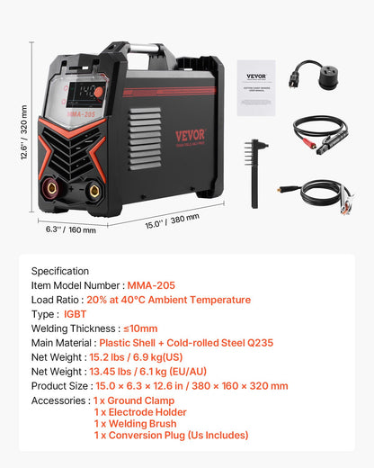 MMA-svets, 205A 2-i-1 MMA Lift TIG-svetsmaskin, IGBT-inverterportabel svetsmaskin med digital display, varmstartsargkraft, anti-stick (lyftbrännare ingår ej)