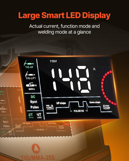 TIG-svets, 205A 3-i-1-svetsmaskin (stor LED-display) - DC TIG/DC puls TIG/MMA (elektrod), elektrisk svets med IGBT-inverterare med högfrekvensstart