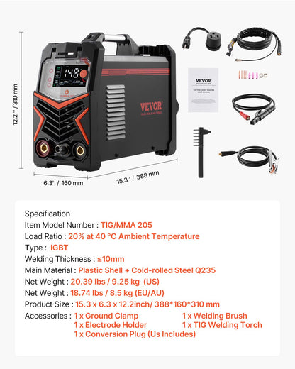 TIG-svets, 205A 3-i-1-svetsmaskin (stor LED-display) - DC TIG/DC puls TIG/MMA (elektrod), elektrisk svets med IGBT-inverterare med högfrekvensstart