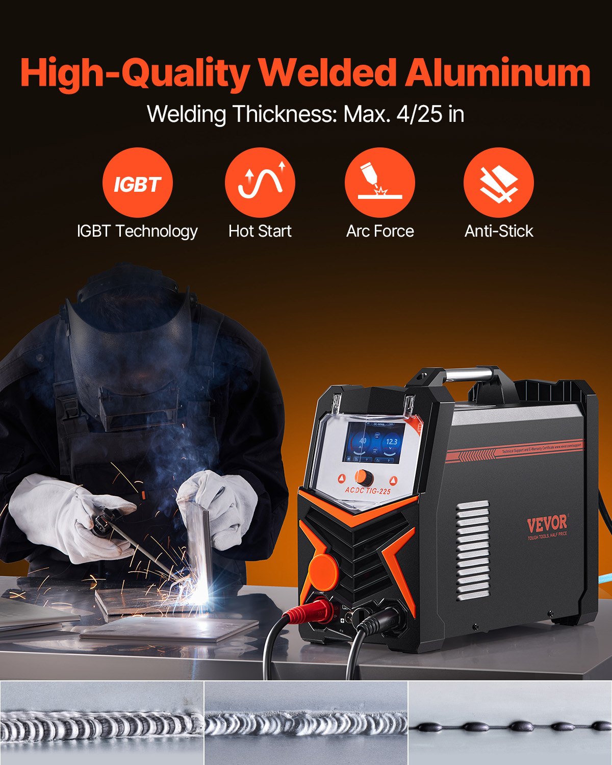 TIG-svets, 225A 6-i-1 aluminiumsvetsmaskin (stor LED-display) - AC TIG/DC TIG/AC puls TIG/DC puls TIG/punkt TIG/MMA (elektrod), elektrisk svets med IGBT-inverter