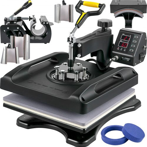Värmepress 38,1x38,1 cm 8-i-1 värmepress 1000W sublimeringsmaskin 360° roterande svängbar värmepress 8-i-1 skjorttrycksmaskin dubbelrörsvärme för gör-det-själv-t-shirts, kepsar, muggar (svart)