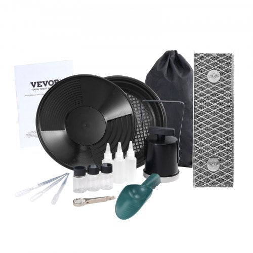 Guldvaskningssats med mini-slusslåda, 12" aluminiumutrustning för guldbrytning, 16 delar guldprospekteringssats med guldskål, klassificeringsskärm, separeringsmagnet, ryggsäck med dragsko och tillbehör