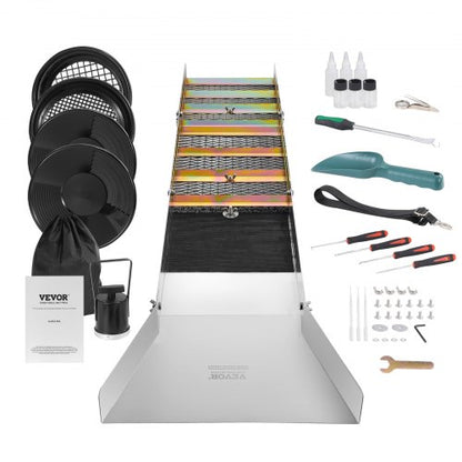 Guldvaskningssats med slusslåda, 127 cm aluminiumutrustning för guldbrytning, 23 delar guldprospekteringssats med guldskål, klassificeringsskärm, separeringsmagnet, ryggsäck med dragsko och tillbehör