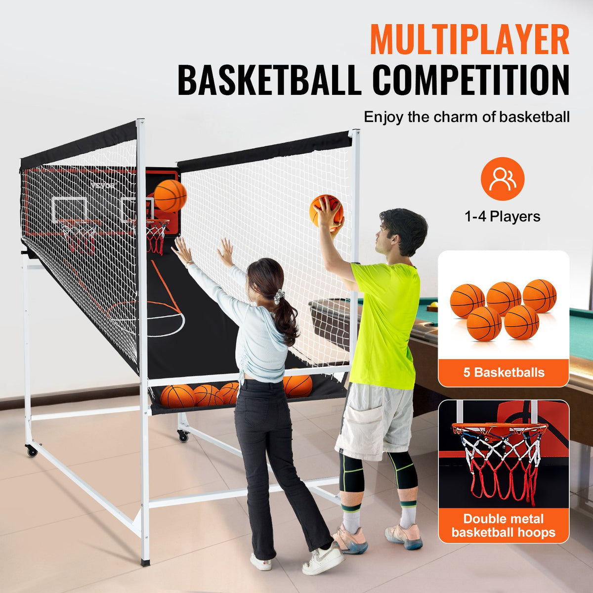 Arkadbasketspel med bur, inomhusbasket för 2 spelare, hemmasport med dubbla skott med 5 bollar, 8 spellägen, elektronisk resultattavla och inflationspump, för barn, vuxna (svartvitt)