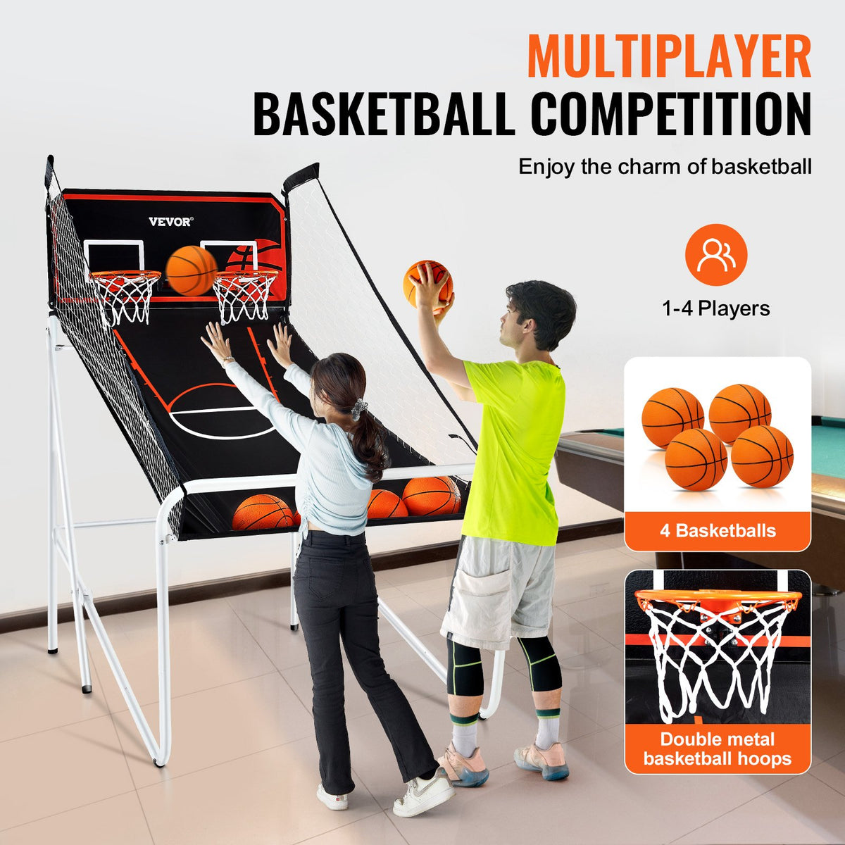 Hopfällbart basketspel för inomhusbruk, basket för 2 spelare, hemmasport med dubbla skott med 4 bollar, 8 spellägen, elektronisk resultattavla och inflationspump, för barn, vuxna (svartvitt)