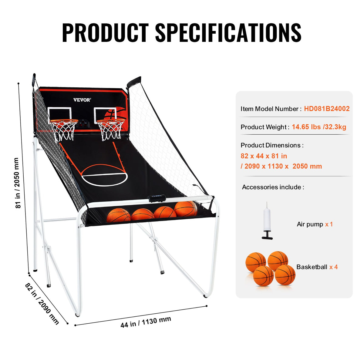 Hopfällbart basketspel för inomhusbruk, basket för 2 spelare, hemmasport med dubbla skott med 4 bollar, 8 spellägen, elektronisk resultattavla och inflationspump, för barn, vuxna (svartvitt)