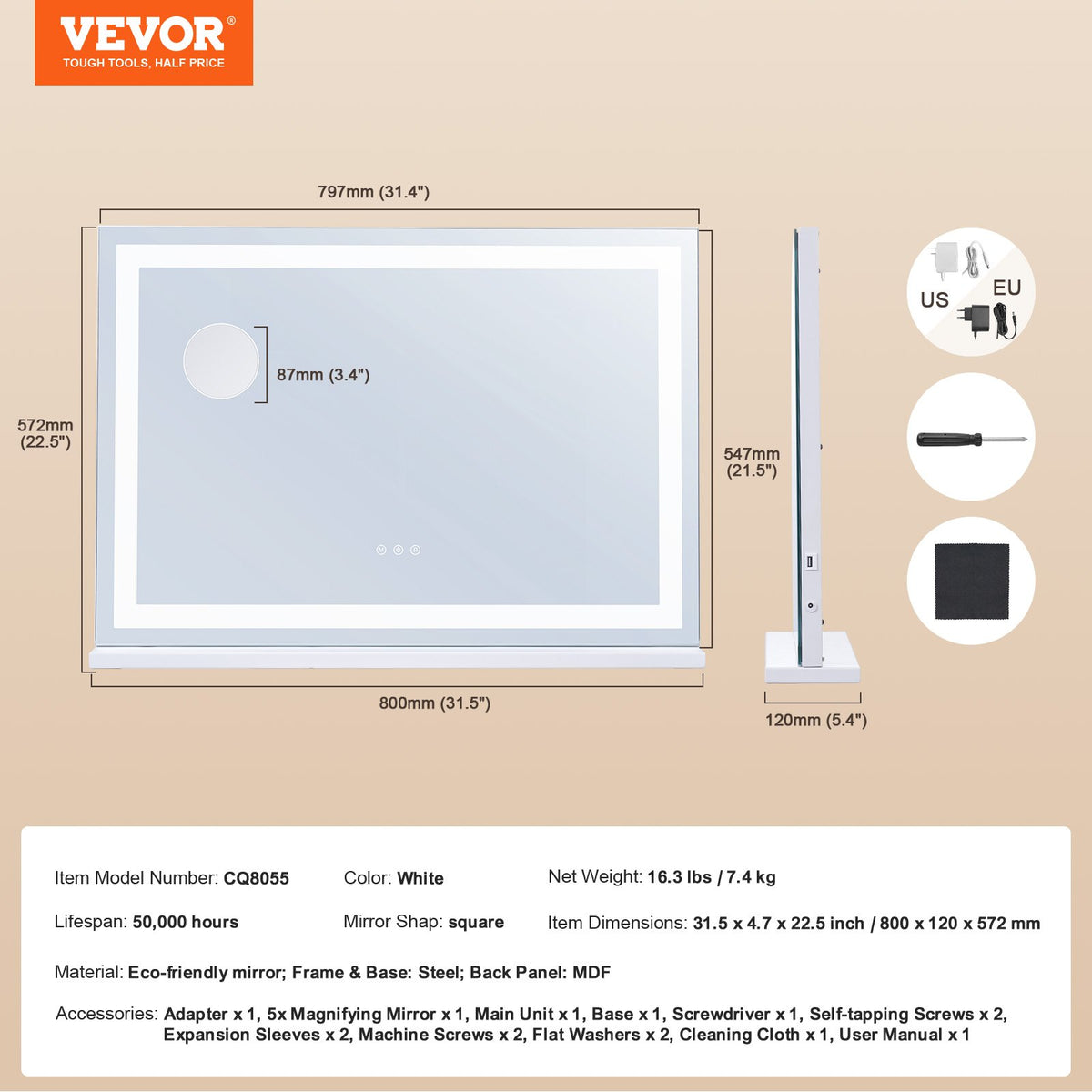 Belyst sminkspegel i 3 färger med USB-port för väggmontering, 80x55,1 cm