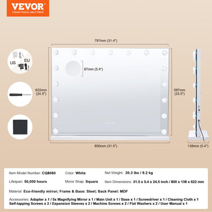 Hollywood sminkspegel med lampor och USB typ C väggfäste för skrivbord 59,9 cm