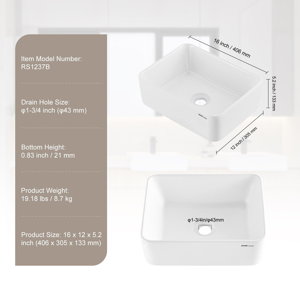 Rektangulärt handfat, 40 x 30 cm bänkskiva för badrum, vita keramiska handfat ovanför bänkskiva, modern stil, ljus och elegant, väl förpackad för badrum, hotell, toalett, husbil