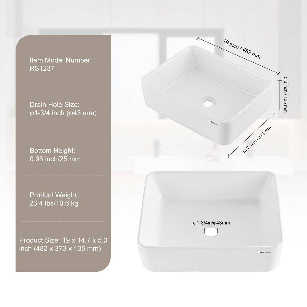 Rektangulärt handfat, 46 x 34 cm, bänkskiva för badrum, vita keramiska handfat ovanför bänkskiva, modern stil, ljus och elegant, välförpackad för badrum, hotell, toalett, husbil