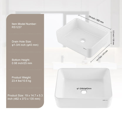 Rektangulärt handfat, 46 x 34 cm, bänkskiva för badrum, vita keramiska handfat ovanför bänkskiva, modern stil, ljus och elegant, välförpackad för badrum, hotell, toalett, husbil