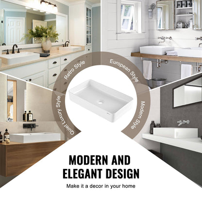 Rektangulärt handfat, 61 x 33 cm, bänkskiva för badrum, vita keramiska handfat ovanför bänkskiva, modern stil, ljus och elegant, välförpackad för badrum, hotell, toalett, husbil