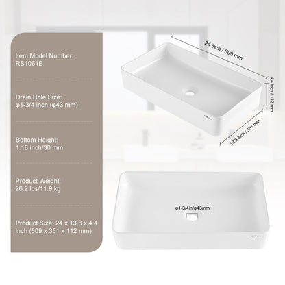 Rektangulärt handfat, 61 x 33 cm, bänkskiva för badrum, vita keramiska handfat ovanför bänkskiva, modern stil, ljus och elegant, välförpackad för badrum, hotell, toalett, husbil