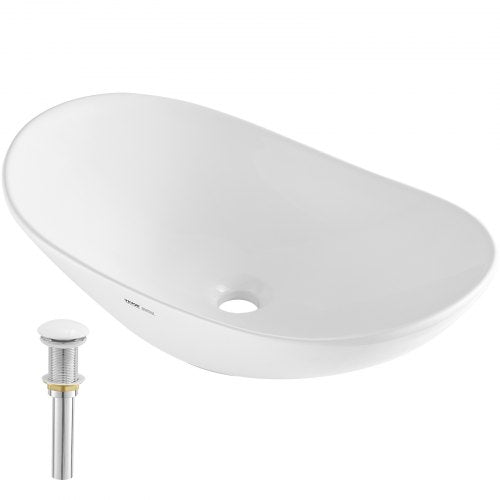 Ovalt handfat, 63,8 x 34,8 cm, badrumshandfat med bänkskiva, vita keramiska handfat ovanför bänkskivan, modernt handfat, välförpackat för badrum, hotell, toalett, husbil