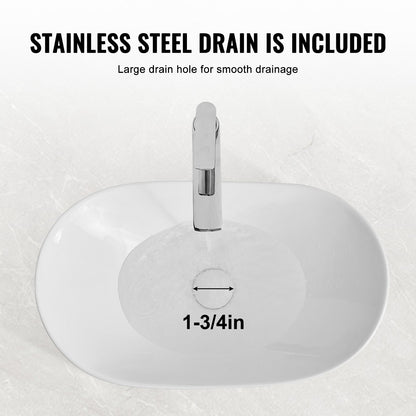 Ovalt handfat, 63,8 x 34,8 cm, badrumshandfat med bänkskiva, vita keramiska handfat ovanför bänkskivan, modernt handfat, välförpackat för badrum, hotell, toalett, husbil