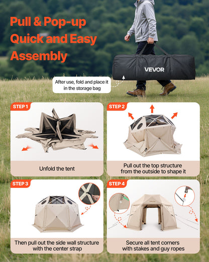 Pop up Gazebo Screen Tent, 3.6x3.6 m, 13-Sided Spherical Camping Canopy Tent with Removable Top & Carry Bag, Quick-Set & Bite-Proof, Screen House Sun Shelter for 8-10 Persons, Beige