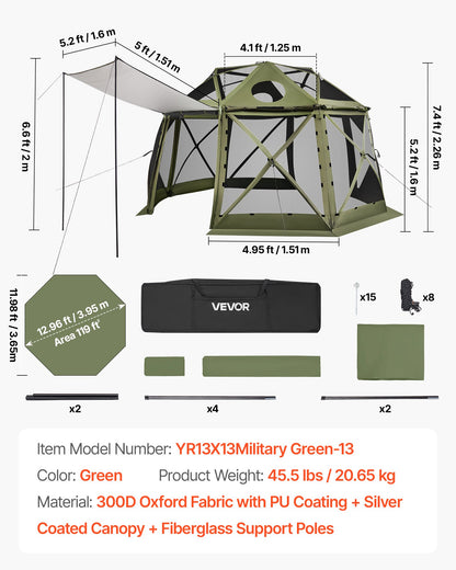 Pop up Gazebo Screen Tent, 3.96 x 3.96 m, 13-Sided Spherical Camping Canopy Tent with Removable Top & Carry Bag, Quick-Set & Bite-Proof, Screen House Sun Shelter for 10-12 Persons, Green