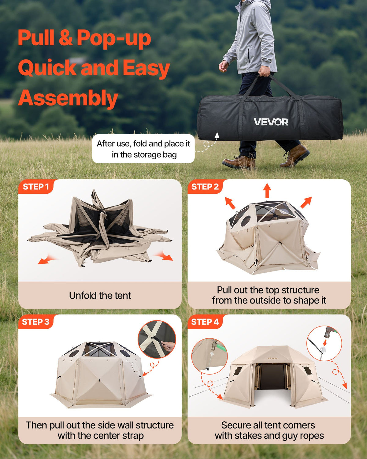Pop up Gazebo Screen Tent, 4.57 x 4.57 m, 13-Sided Spherical Camping Canopy Tent with Removable Top & Carry Bag, Quick-Set & Bite-Proof, Screen House Sun Shelter for 12-15 Persons, Beige