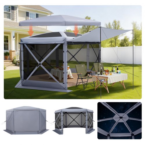 Pop up Gazebo Screen Tent, 3.6 x 3.6 m Large 6-Sided Camping Canopy Tent with Removable Top & Carry Bag, Quick-Set & Bite-Proof, Screen House Sun Shelter for 8-10 Persons Backyard Patio, Grey