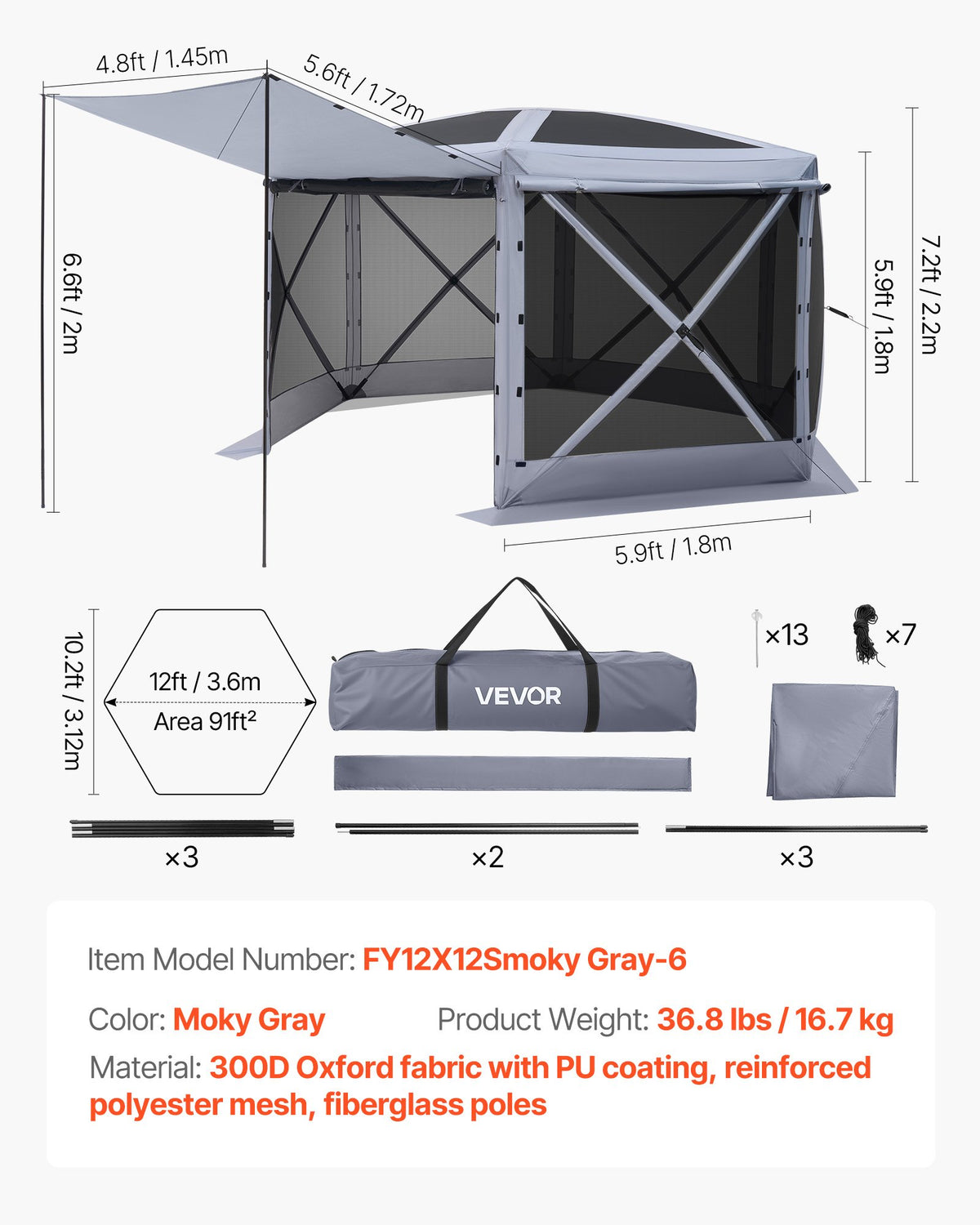 Pop up Gazebo Screen Tent, 3.6 x 3.6 m Large 6-Sided Camping Canopy Tent with Removable Top & Carry Bag, Quick-Set & Bite-Proof, Screen House Sun Shelter for 8-10 Persons Backyard Patio, Grey