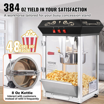 Popcornmaskin, 850W popcornmaskin, 225 ml vattenkokare ger 48 koppar per sats, popcornmaskin för bänkskiva med härdat glas, inkluderar 4 skopor, biostil, svart