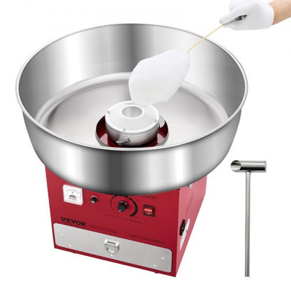 Elektrisk sockervaddsmaskin, 1000W kommersiell sockervaddsmaskin med 52 cm skål i rostfritt stål, sockerskopa och låda, enkel hemmabruk, perfekt för barnfödelsedagar, familjefester, röd