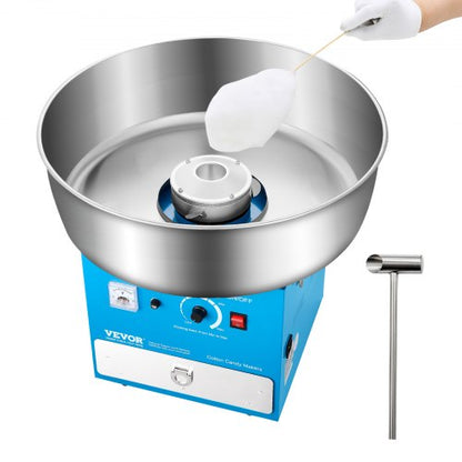 Elektrisk sockervaddsmaskin, 1000W kommersiell sockervaddsmaskin med 52 cm skål i rostfritt stål, sockerskopa och låda, enkel hemmabruk, perfekt för barnfödelsedagar, familjefester, blå