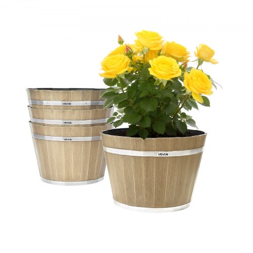 Växtkrukor, 4-pack 300 mm Whiskey Barrel-krukor med dräneringshål, stora utvändiga plastdekorationsblomkrukor med imiterad vinfatdesign för inomhus- och utomhusträdgård, brun