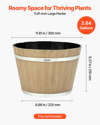 Växtkrukor, 4-pack 300 mm Whiskey Barrel-krukor med dräneringshål, stora utvändiga plastdekorationsblomkrukor med imiterad vinfatdesign för inomhus- och utomhusträdgård, brun