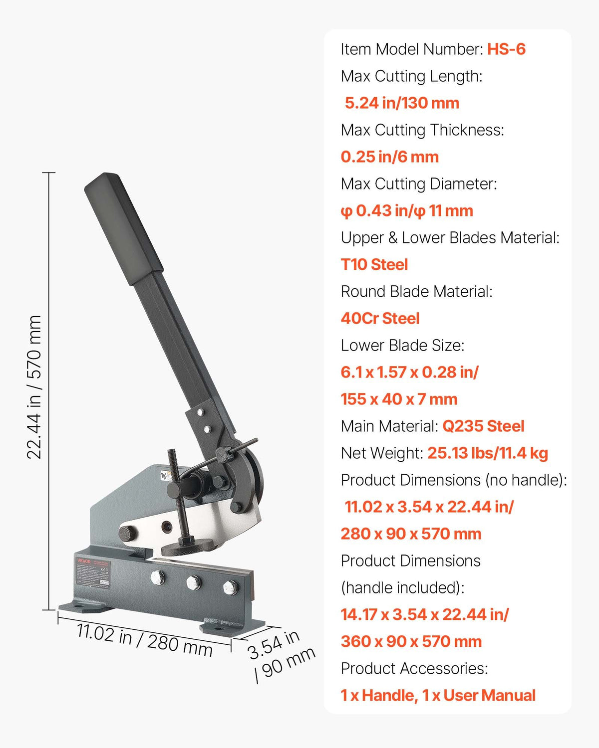 Plåtsax, 155 mm manuell plåtsax, kraftig monteringstyp plåtskärare med solid stålram, hög precision, förlängt handtag för skärning av stål, koppar, armeringsjärn och aluminium