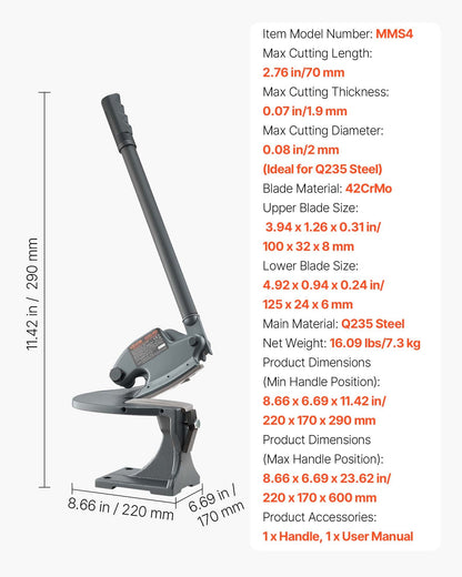 Plåtsax, manuell plattsax, halslös bänkskiva för flera ändamål, med solid stålram, monteringstyp, max skärtjocklek 1,9 mm för stål, koppar och armeringsjärn i aluminium