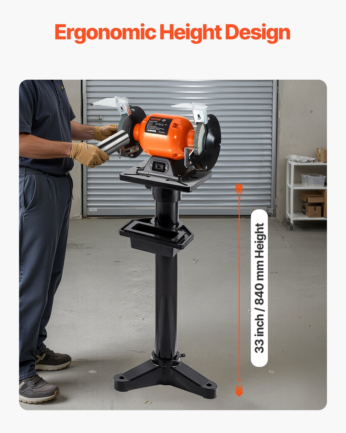 Bench Grinder Stand, Heavy-Duty Grinder and Vise Floor Pedestal with 27 x 27 cm Mounting Plate, Pre-Cut Mounting Slots & Water Pot, Compatible with Most Bench Grinders