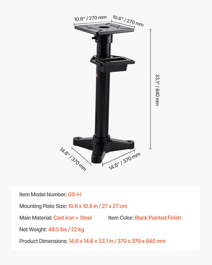Bench Grinder Stand, Heavy-Duty Grinder and Vise Floor Pedestal with 27 x 27 cm Mounting Plate, Pre-Cut Mounting Slots & Water Pot, Compatible with Most Bench Grinders