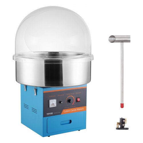 Elektrisk sockervaddsmaskin, 1000W sockervaddsmaskin, kommersiell sockervaddsmaskin med lock, skål i rostfritt stål, sockerskopa, låda, perfekt för barnens födelsedagar, familjefester, blå