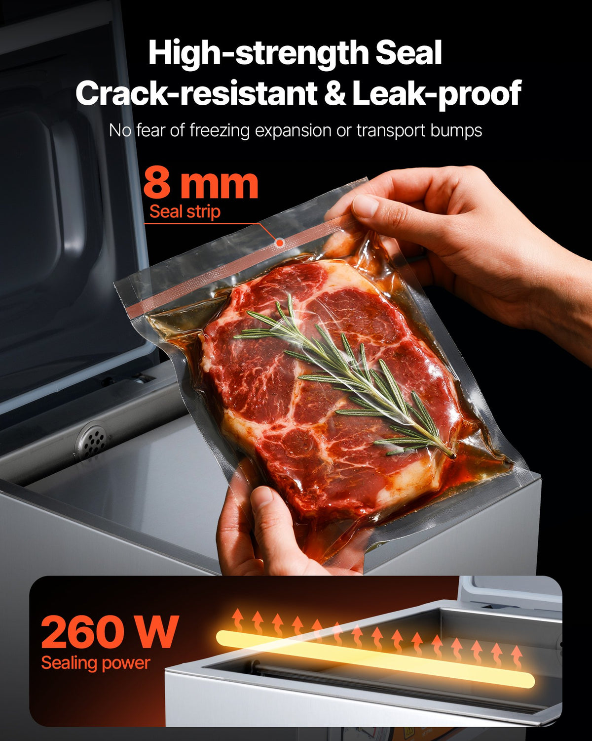 Kammarvakuumförslutare, 260 W förslutningseffekt, vakuumförpackningsmaskin för våtmat, kött, marinader med mera, kompakt storlek med 260 mm förslutningslängd, används i hemmakök och kommersiellt bruk