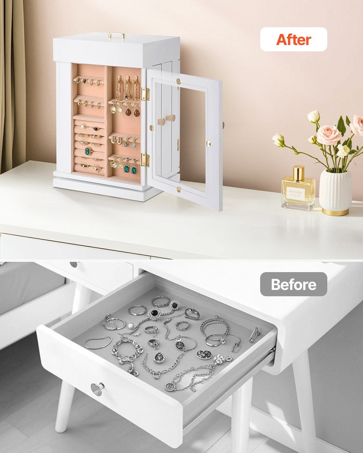 Jewelry Box, 360° Rotating Jewelry Organizer with Magnetic Door, Acrylic Window and Built-in 4 Necklace Hooks, Spacious Storage Case with Metal Handles, Bottom Pad and Soft Flannel Lining, White