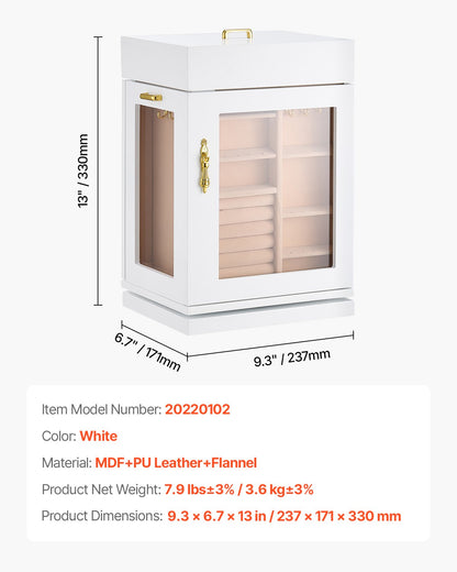 Jewelry Box, 360° Rotating Jewelry Organizer with Magnetic Door, Acrylic Window and Built-in 4 Necklace Hooks, Spacious Storage Case with Metal Handles, Bottom Pad and Soft Flannel Lining, White