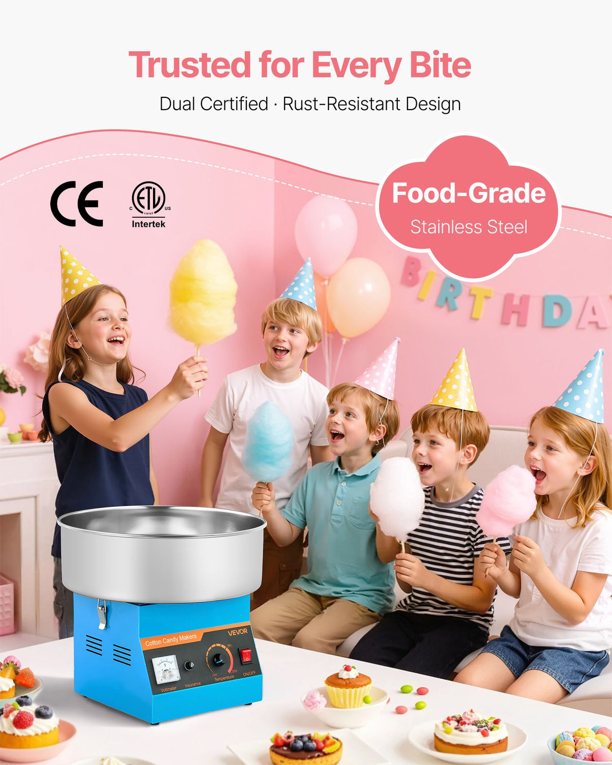 Cotton Candy Machine Commercial, 1000W Electric Candy Floss Maker, Easy Use with 38cm Stainless Steel Bowl and Sugar Scoop, Makes Hard Candy for Home Kids Birthday, Family Party, Blue