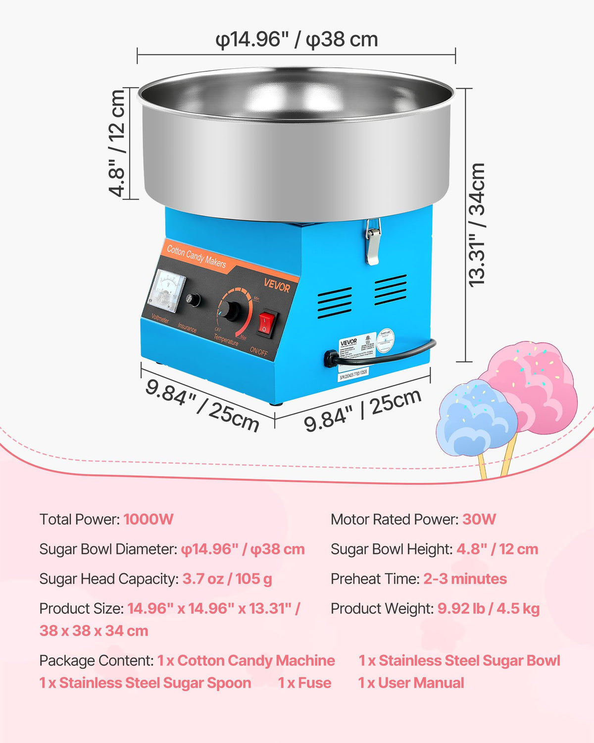 Cotton Candy Machine Commercial, 1000W Electric Candy Floss Maker, Easy Use with 38cm Stainless Steel Bowl and Sugar Scoop, Makes Hard Candy for Home Kids Birthday, Family Party, Blue