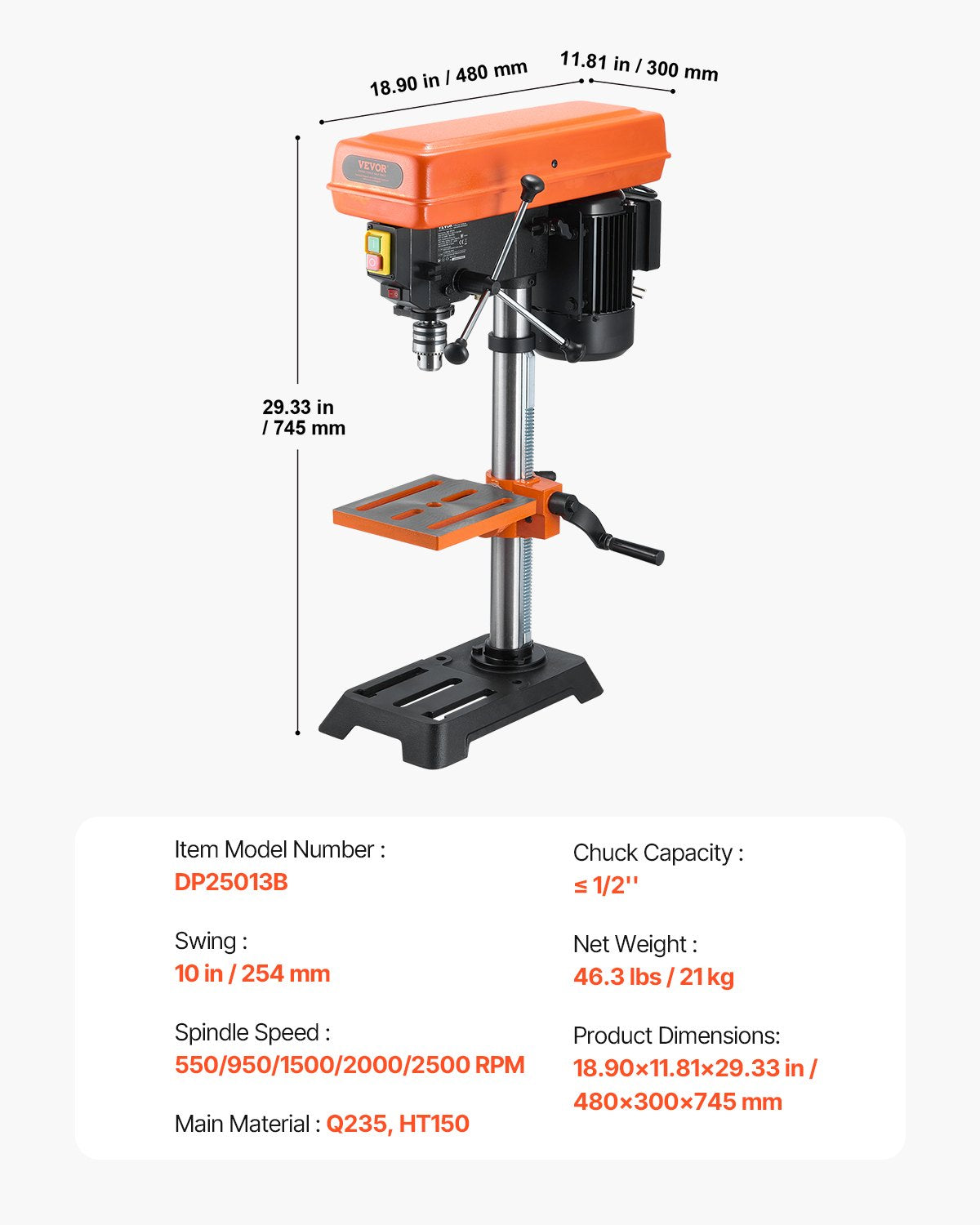 254 mm bänkborrpress, 550 W induktionsmotor, bordsborrmaskin med justerbar hastighet på 550 / 950 / 1500 / 2000 / 2500 varv/min, 0-45° lutbart arbetsbord, röntgenpositionering, för trä och metall