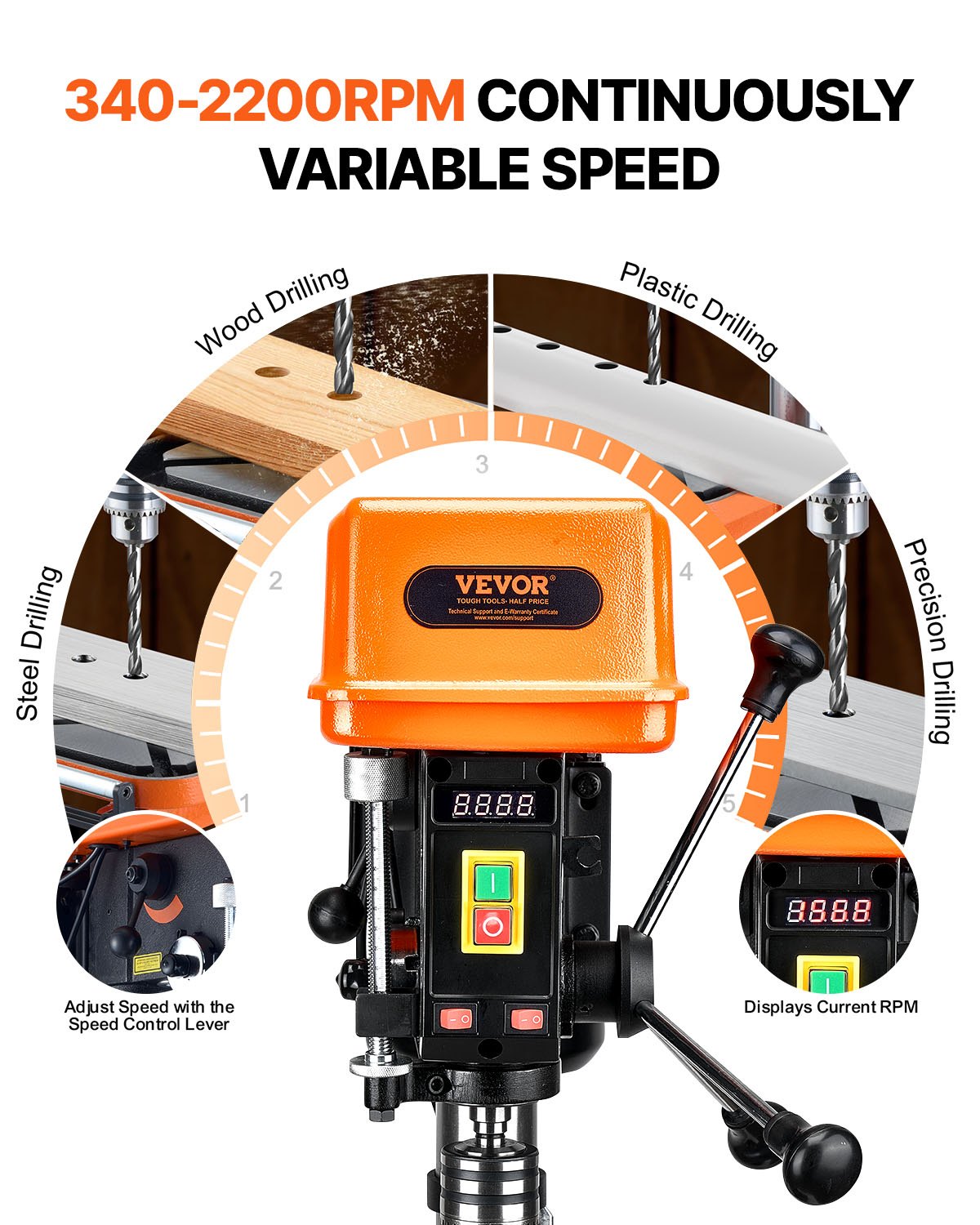 304,8 mm bänkborrpress, 750 W, 340–2200 varv/min bänkborrpress med variabel hastighet, med 0–45° lutbart arbetsbord, LED-arbetslampa, röntgenpositionering, bordsborrmaskin för trä och metall
